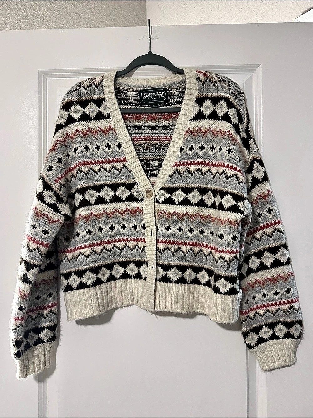 American Eagle Geometric Knit Cardigan Gray & White Size Medium